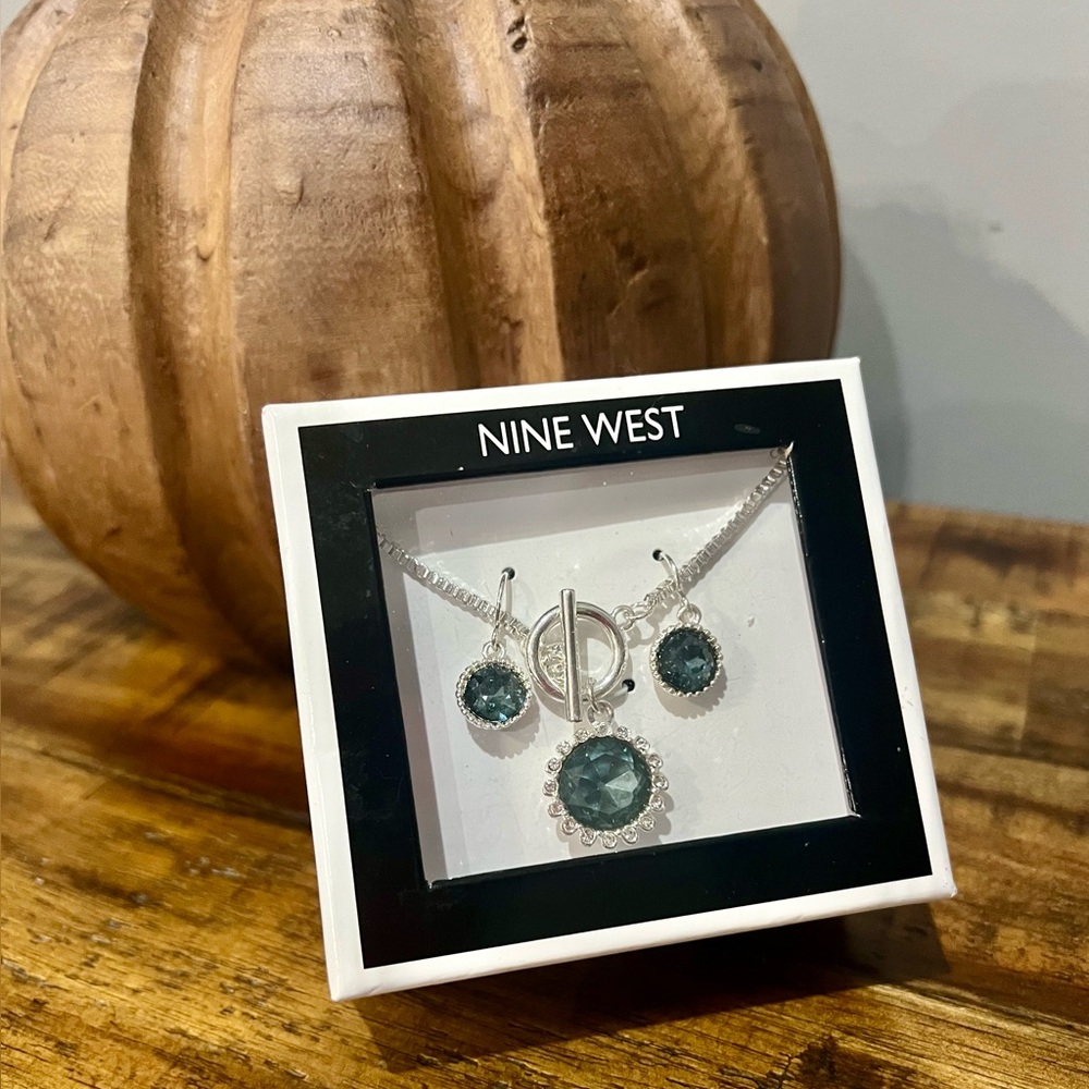 Nine West Silver Tone Necklace and Earring Set with Dark Blue Accents